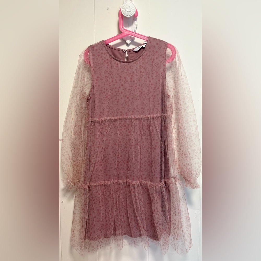 Elegant Mauve Floral Dress with Sheer Sleeves